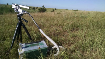 The infrared gas analyzer in action, using a laser to measure the carbon dioxide taken in as well as the oxygen and water released by the grass leaf it’s attached to.