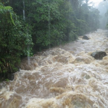 A tropical river floods during a large storm event. Photo by Dr. Alice Boyle.